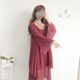 Spaghetti Strap Mesh Dress / Bell-sleeve Light Long Jacket