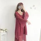 Spaghetti Strap Mesh Dress / Bell-sleeve Light Long Jacket