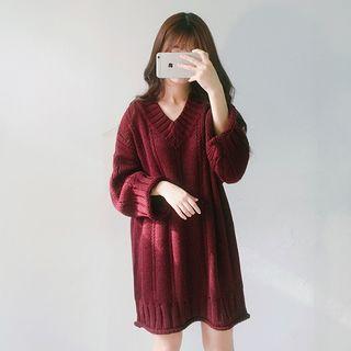 Chunky Knit V-neck Long Sleeve Dress