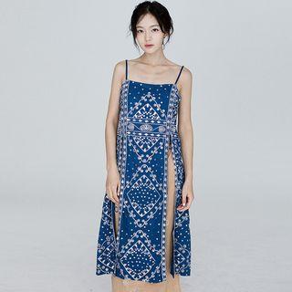 Spaghetti Strap Slit-front Embroidered Midi Dress