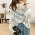 Long-sleeve Buttoned Placket Striped Knit Top