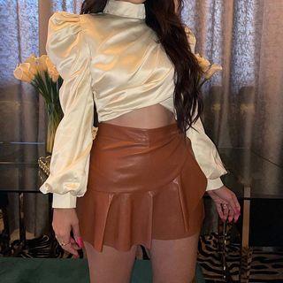 Long-sleeve Mock-neck Satin Crop Top