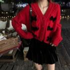 Long-sleeve Bow Cable Knit Cardigan Red - One Size