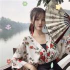 Set: Floral Elbow-sleeve Top + Camisole Top / Pleated Skirt
