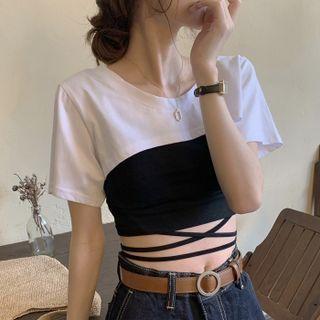 Set: Short-sleeve Shrug + Tie-strap Camisole Top Set - Shrug - White & Camisole Top - Black - One Size