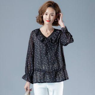 Print V-neck Bell-sleeve T Shirt