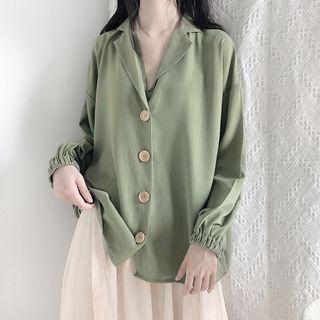 Balloon-sleeve Silky Shirt Green - One Size