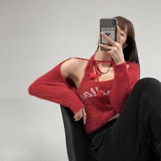 Printed Letter Cropped Tank Top With Cardigan