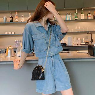 Short-sleeve Pocket Detail Denim Shirt / Denim Shorts / Set