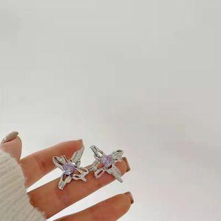 Rhinestone Butterfly Alloy Earring 1 Pair - Silver & Purple - One Size