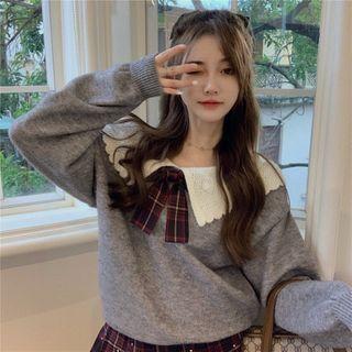Contrast Collar Sweater / Plaid Mini A-line Pleated Skirt