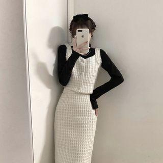 Set: Sleeveless Checked Crop Top + Midi A-line Skirt