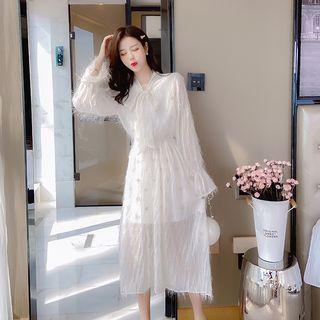 Fringed Star Embroidered Long-sleeve A-line Midi Dress