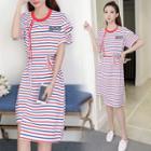 Patch Embroidered Striped Ripped Short Sleeve T-shirt Dress