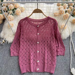 Short-sleeve Round-neck Pointelle-knit Cardigan