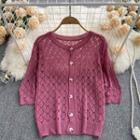 Short-sleeve Round-neck Pointelle-knit Cardigan