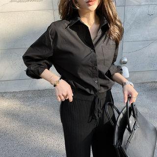 Wide-cuff Plain Shirt Black - One Size