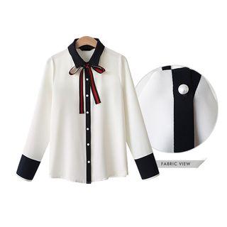 Bow Accent Color Panel Shirt