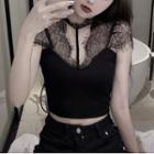 Cap-sleeve Lace Knit Crop Top Black - One Size