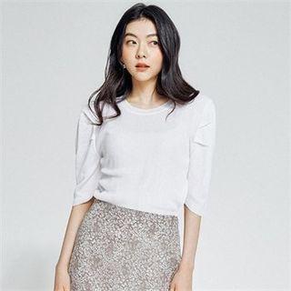 Shirred-sleeve Rib-knit Top