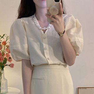 Puff-sleeve Faux Pearl Chain Button-up Blouse