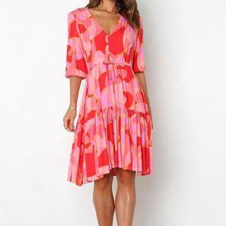 Elbow-sleeve V-neck Print Drawstring Mini A-line Dress