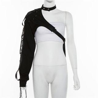Long-sleeve Buckled One-shoulder Shrug / Print Tank Top