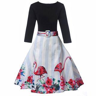 Flamingo Print 3/4-sleeve A-line Dress With Belt