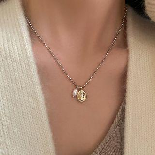 Faux Pearl Oval Pendant Necklace Silver - One Size