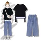 Mock Two-piece Short-sleeve T-shirt / Cropped Wide-leg Jeans