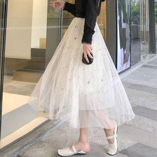 Floral Embroidered Mesh A-line Midi Skirt