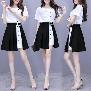 Set: Short-sleeve Mini Shirtdress + Pleated Mini A-line Skirt