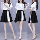 Set: Short-sleeve Mini Shirtdress + Pleated Mini A-line Skirt