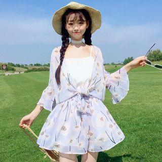 Set: Floral Light Jacket + Shorts + Spaghetti Strap Top