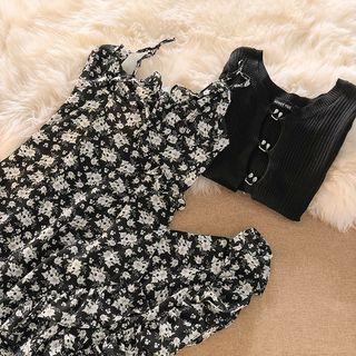 Spaghetti Strap Irregular Floral Dress / Slim-fit Cropped Light Cardigan