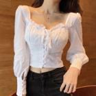Square-neck Plain Ruffle Button-up Bow Cropped Blouse