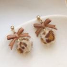 Bow Alloy Leopard Print Faux Fur Dangle Earring 1 Pair - Silver Needle - Brown - One Size