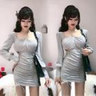 Plain Square-neck Halter Slim-fit Drawstring Ruched Long-sleeve Dress