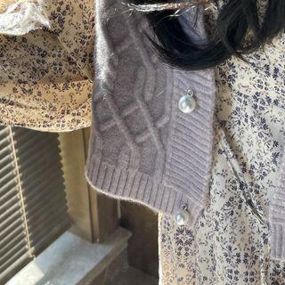 Single-breasted Sweater Vest / Balloon-sleeve Floral Print Midi A-line Dress