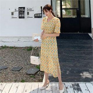 V-neck Tie-waist Floral Print Dress Yellow - One Size