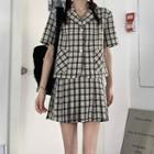 Short-sleeve Plaid Open-collar Shirt / Mini A-line Skirt