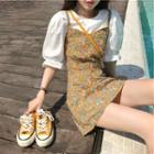 Set: Short-sleeve Blouse + Spaghetti Strap Floral Print Dress