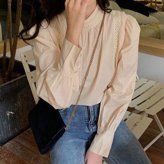 Long-sleeve Lace Trim Mock-neck Blouse Almond - One Size