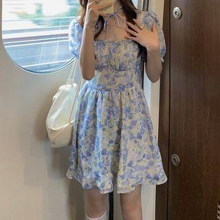 Puff-sleeve Square-neck Floral Dress Blue - One Size