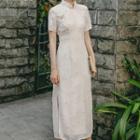 Short-sleeve Embroidered Maxi Qipao Dress