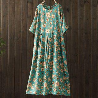 Elbow-sleeve Floral Print A-line Maxi Dress
