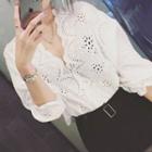 Perforated 3/4 Sleeve Blouse White - One Size