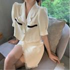 Set: Elbow-sleeve Tweed Button-up Jacket + Mini Skirt