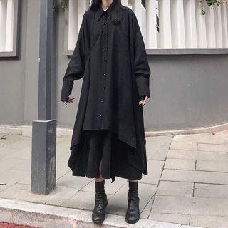 Long-sleeve Asymmetric Long Shirt / A-line Midi Skirt