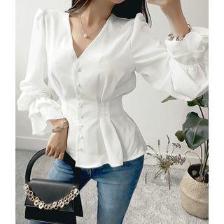 V-neck Puff-sleeve Blouse Ivory - One Size